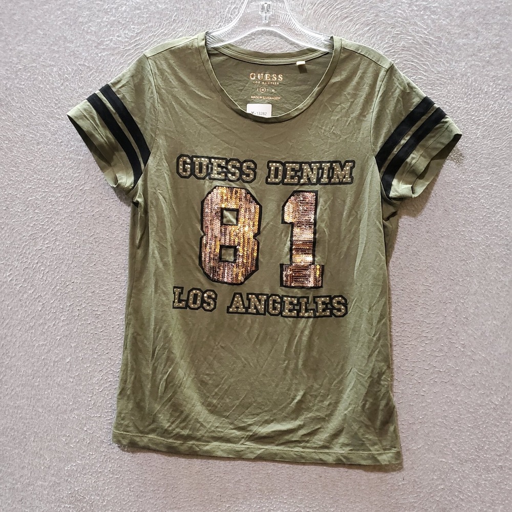 Guess Women Top Medium Olive T-Shirt Logo 81 Rhinestones Sequins Short Sleeve